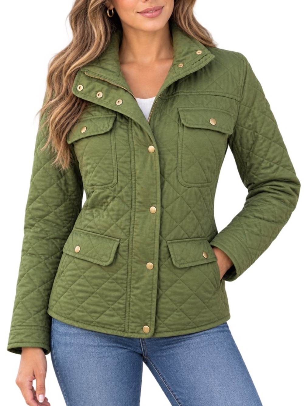 J.Crew Quilted Downtown Field Jacket Olive Green Utility Moto Coat Size L Fall